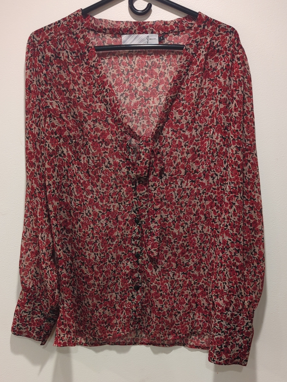 Women's Semi-Sheer Red Floral Button-Front Blouse